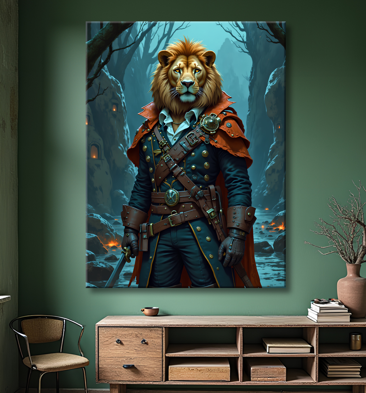 Tableau lion pirate - Portrait d'animal en costume marin stylisé avec decor