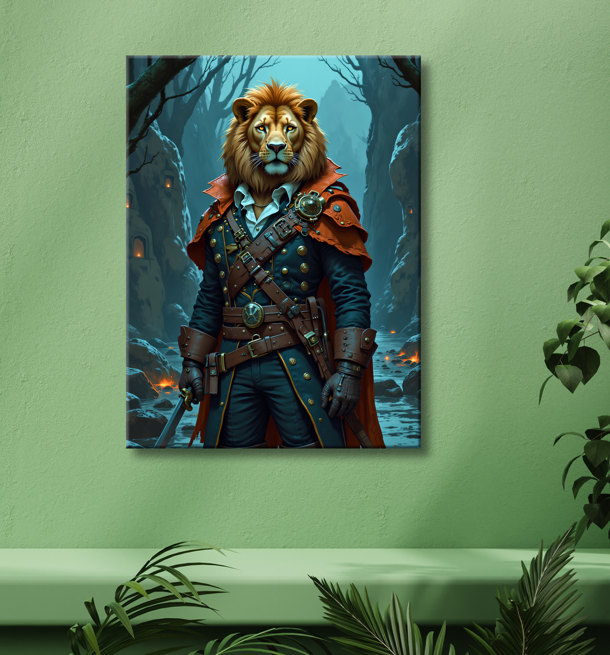 Tableau lion pirate - Portrait d'animal en costume marin stylisé avec decor