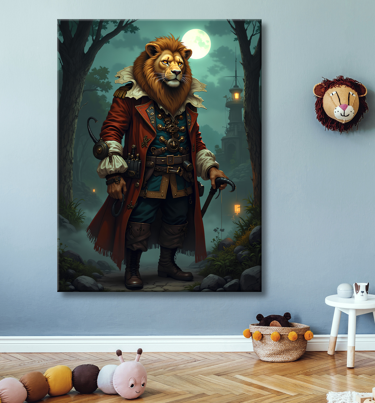 Tableau lion pirate - Portrait d'animal en costume marin stylisé avec decor