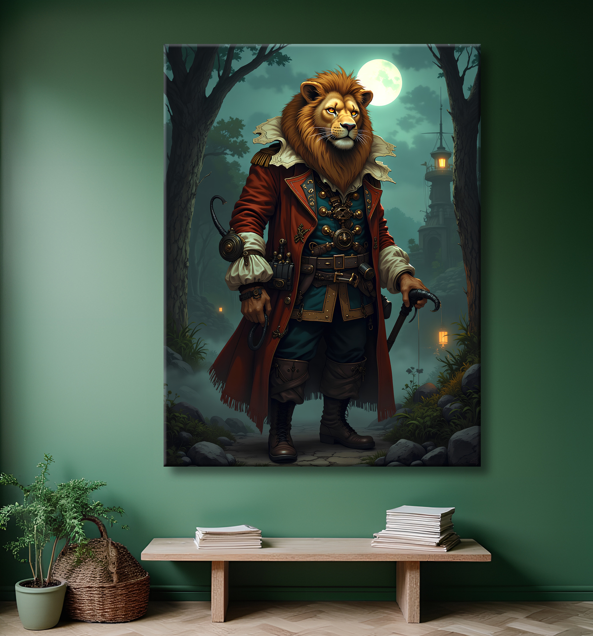 Tableau lion pirate - Portrait d'animal en costume marin stylisé avec decor
