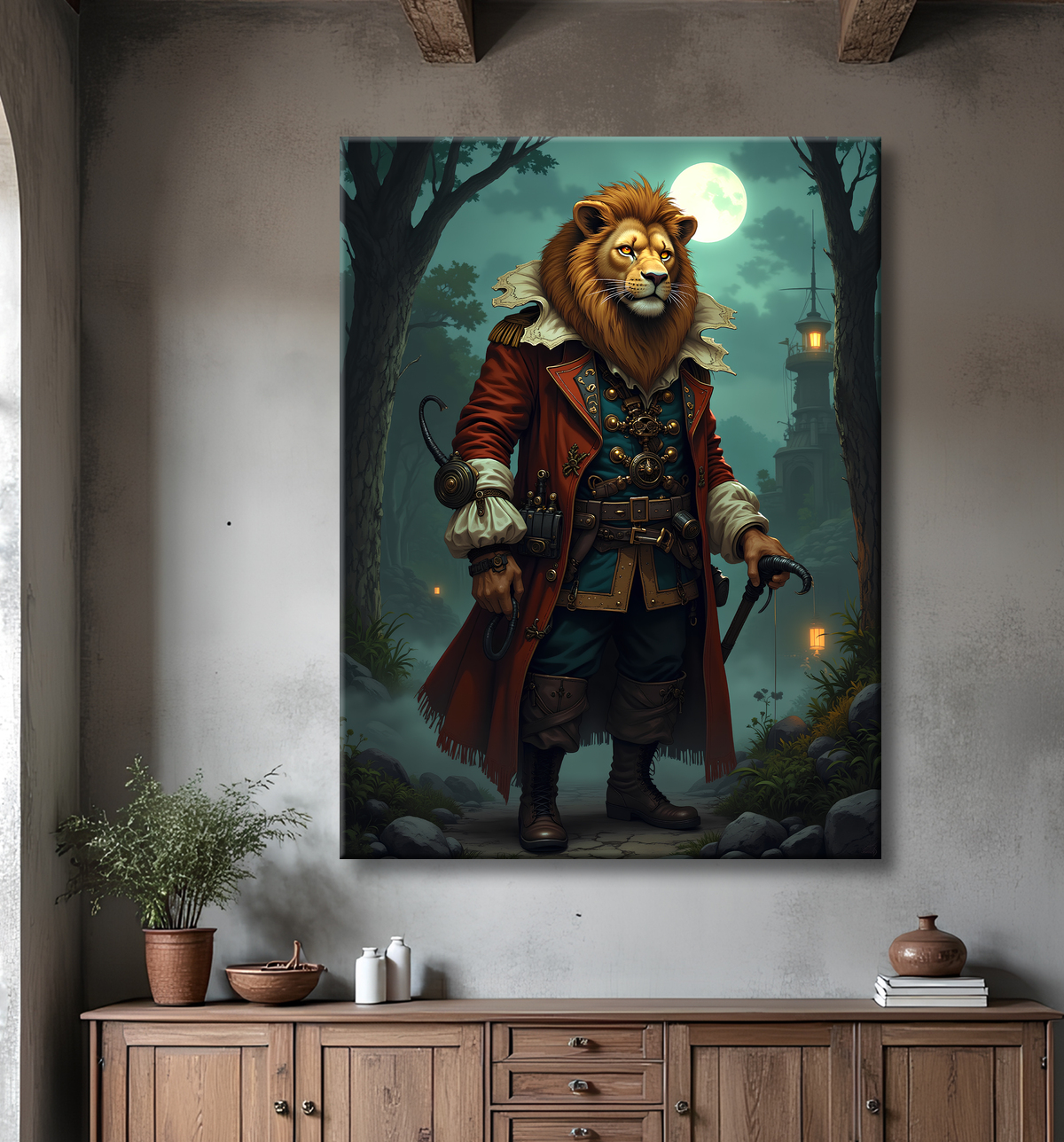 Tableau lion pirate - Portrait d'animal en costume marin stylisé avec decor