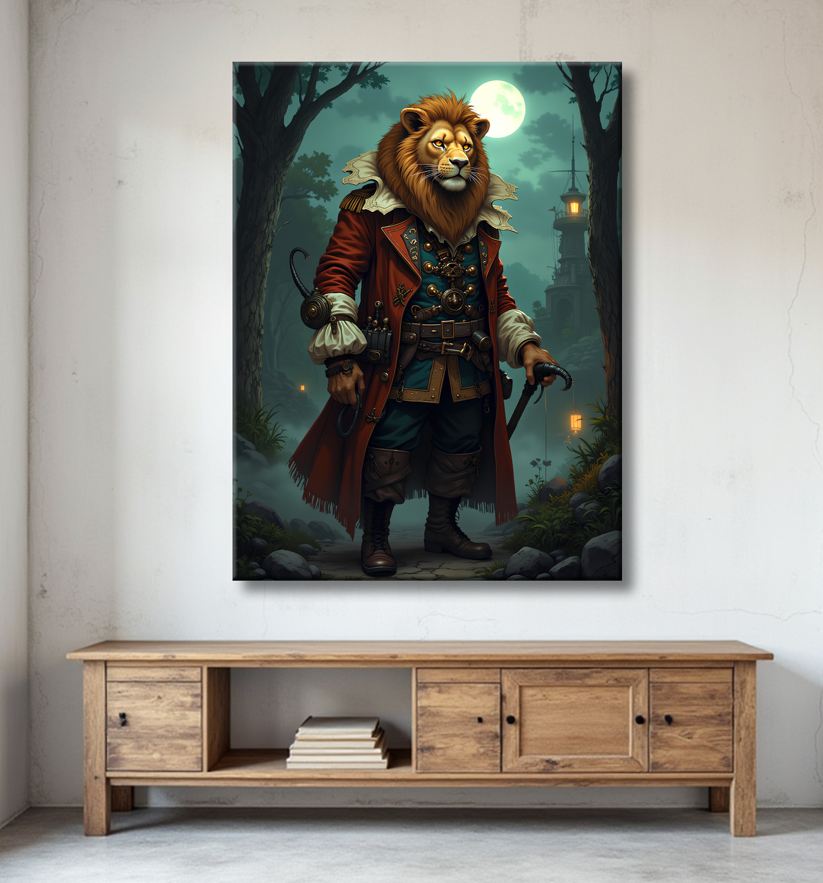 Tableau lion pirate - Portrait d'animal en costume marin stylisé avec decor