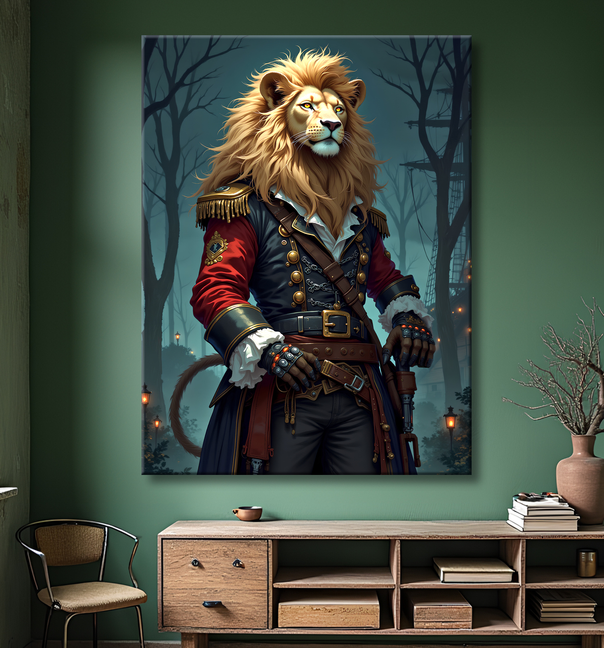Tableau lion pirate - Portrait d'animal en costume marin stylisé avec decor