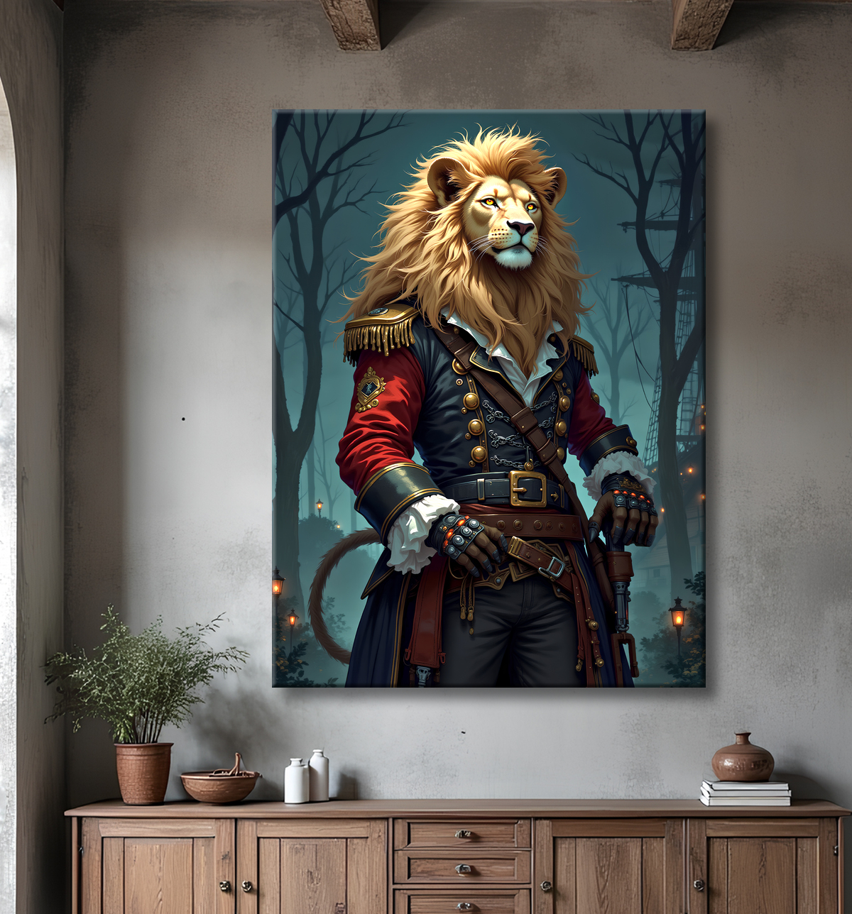 Tableau lion pirate - Portrait d'animal en costume marin stylisé avec decor