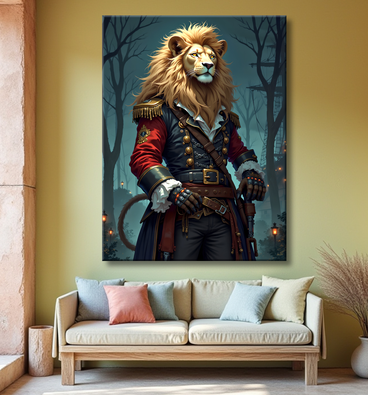Tableau lion pirate - Portrait d'animal en costume marin stylisé avec decor