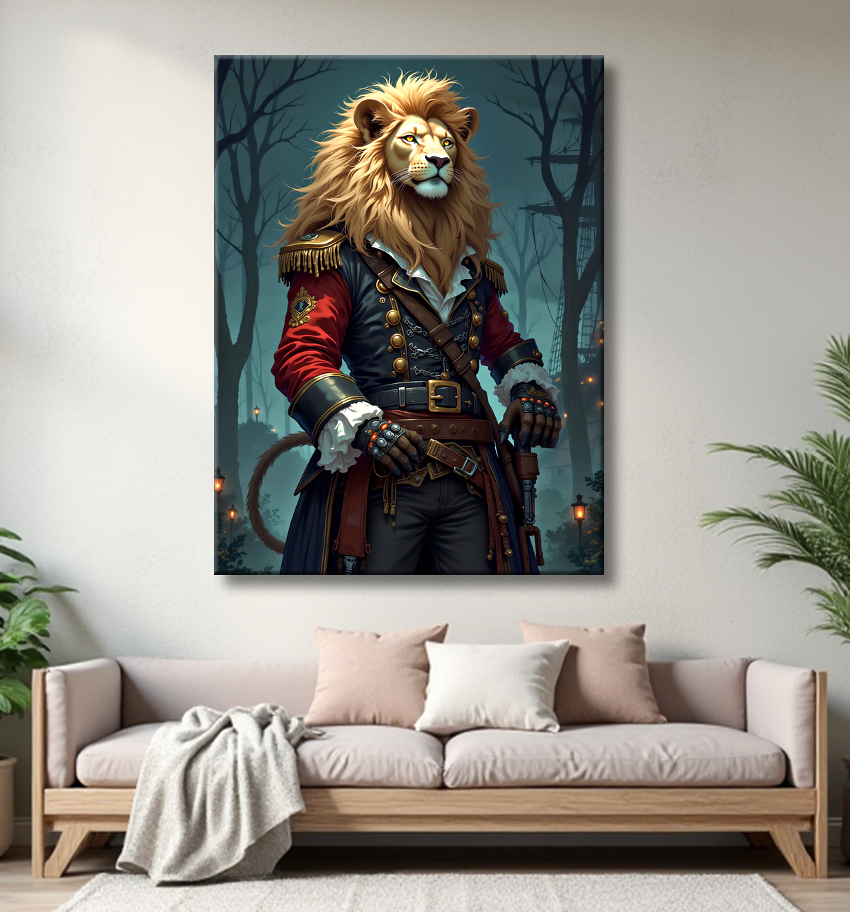 Tableau lion pirate - Portrait d'animal en costume marin stylisé avec decor
