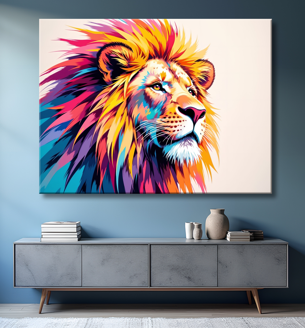 Tableau lion pop art - Design graphique et couleurs vives avec decor