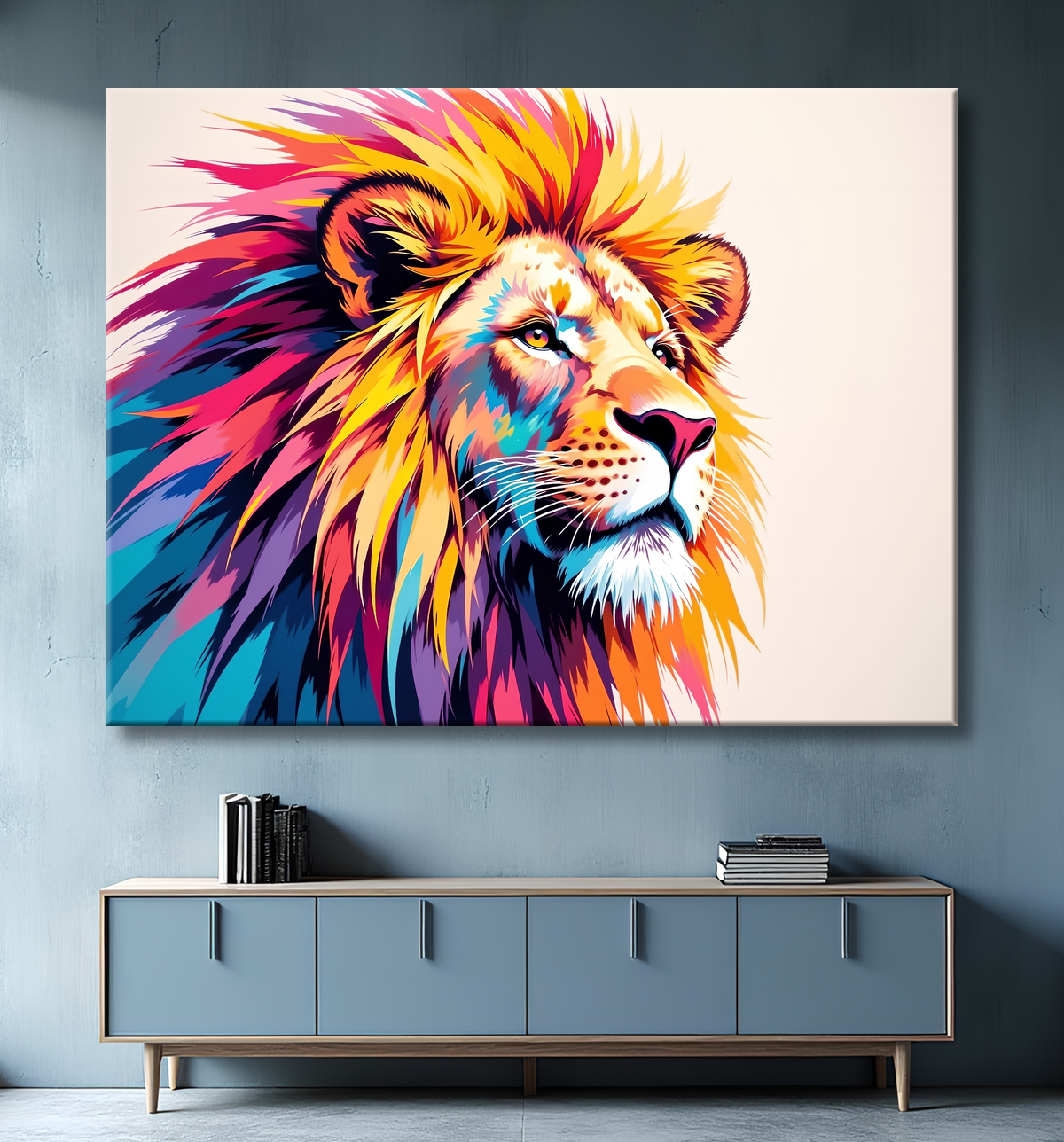 Tableau lion pop art - Design graphique et couleurs vives avec decor