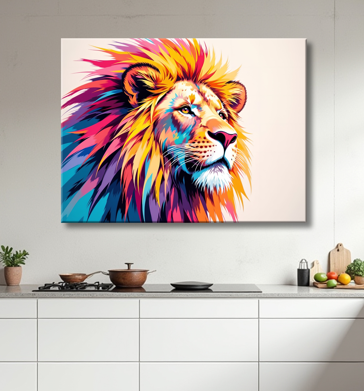 Tableau lion pop art - Design graphique et couleurs vives avec decor
