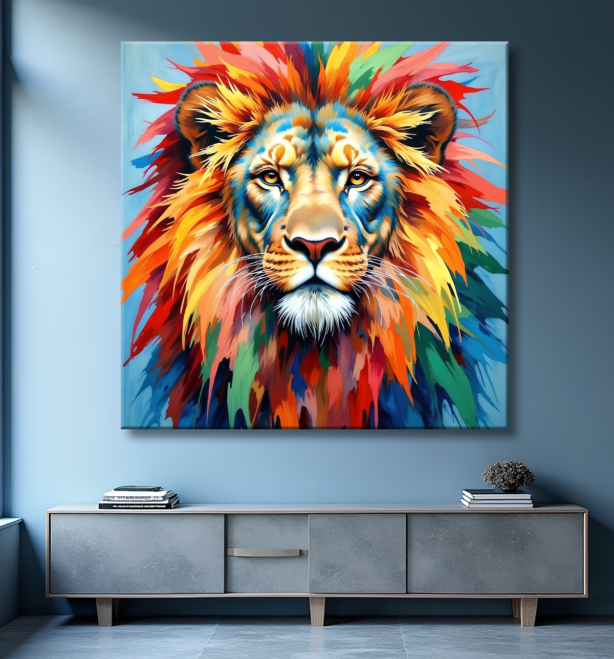 Tableau lion pop art - Design graphique et couleurs vives avec decor