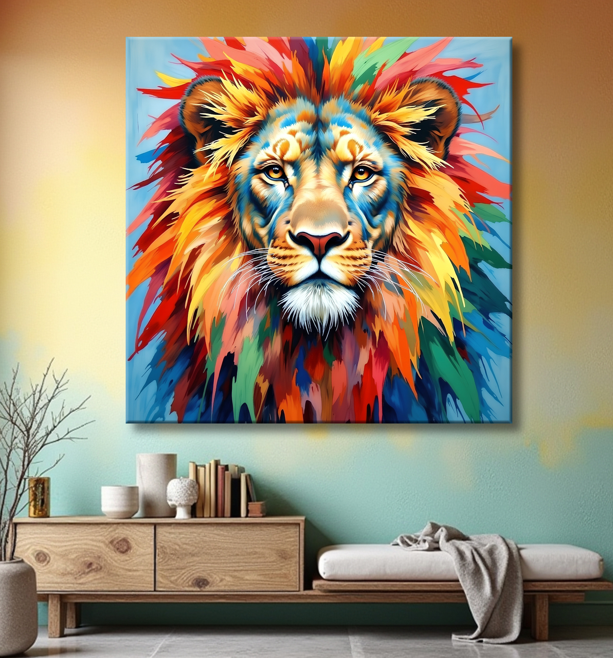 Tableau lion pop art - Design graphique et couleurs vives avec decor