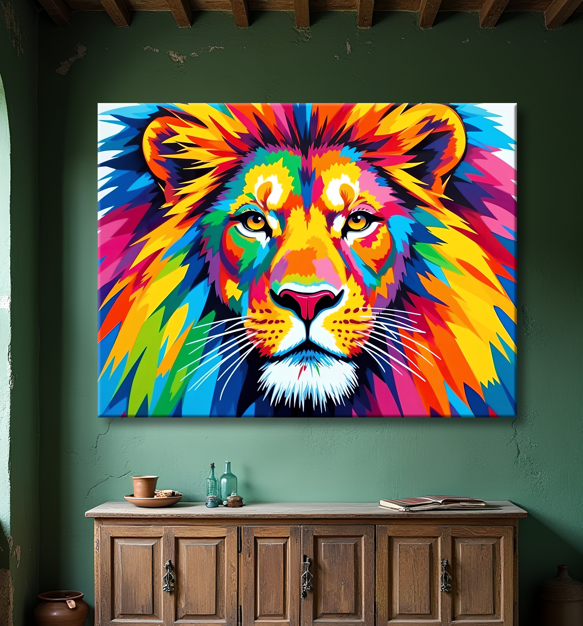 Tableau lion pop art - Design graphique et couleurs vives avec decor