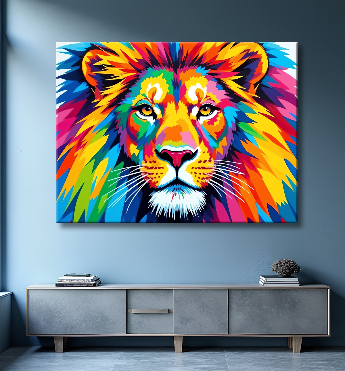 Tableau lion pop art - Design graphique et couleurs vives avec decor
