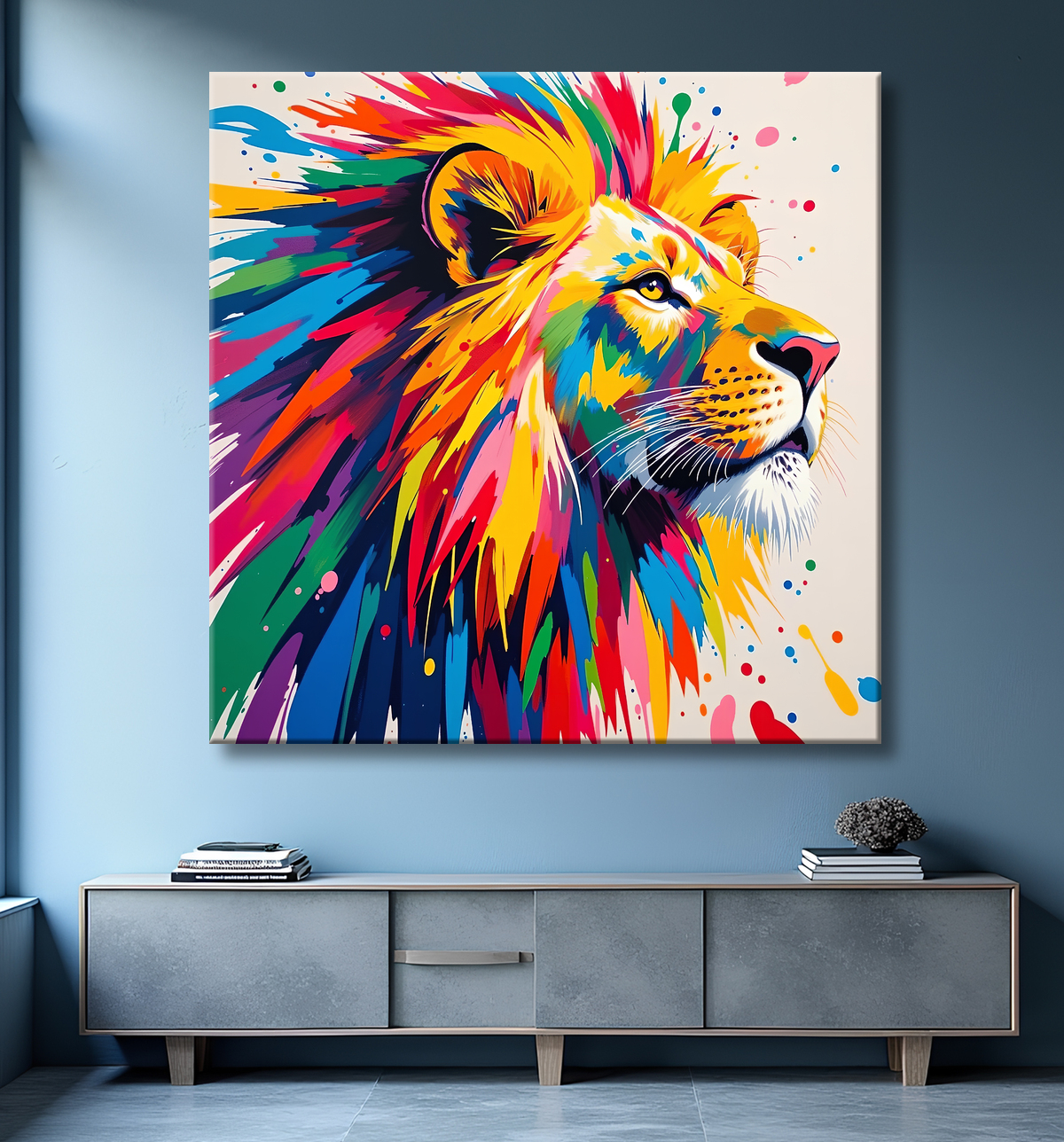 Tableau lion pop art - Design graphique et couleurs vives avec decor
