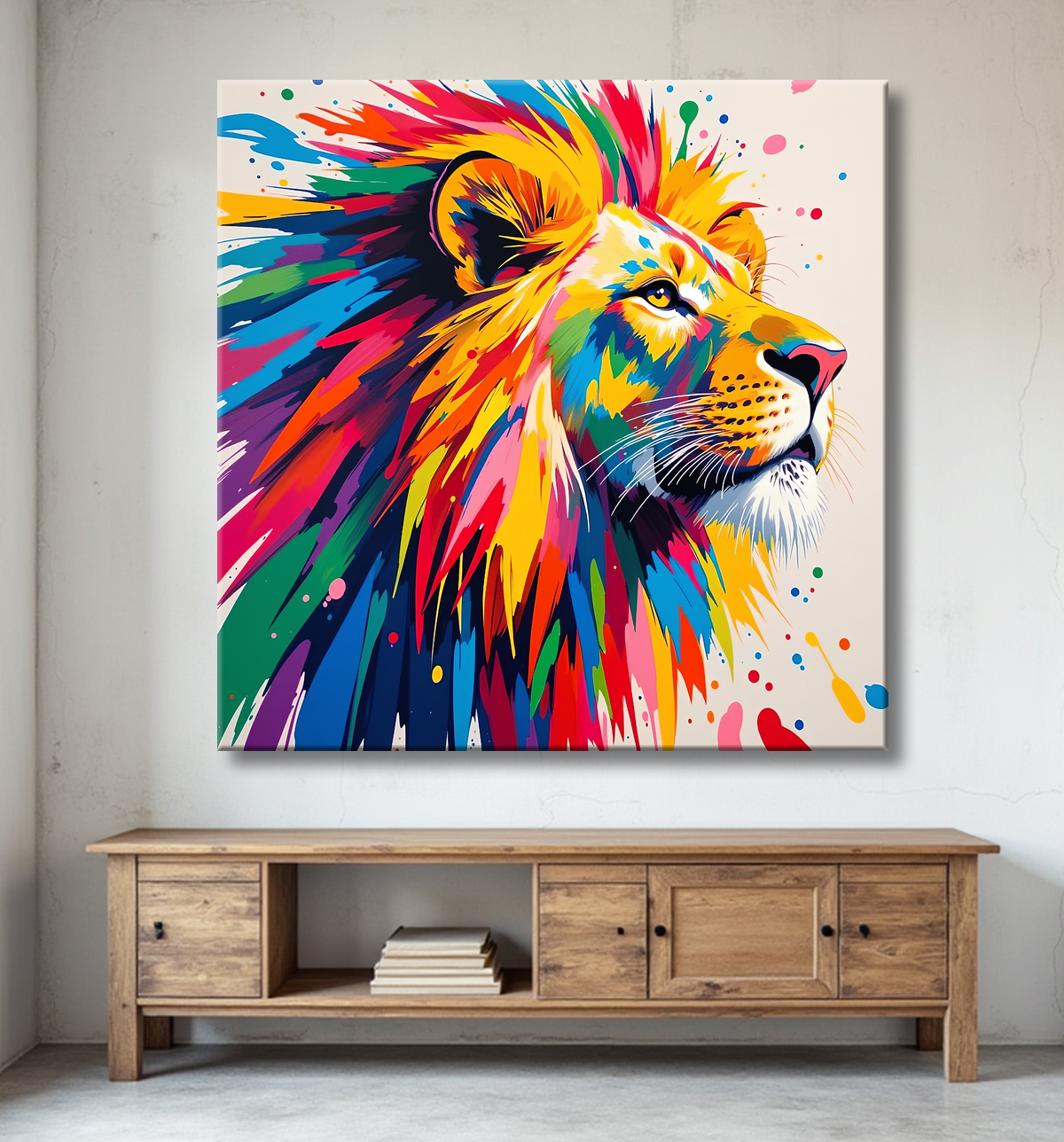 Tableau lion pop art - Design graphique et couleurs vives avec decor