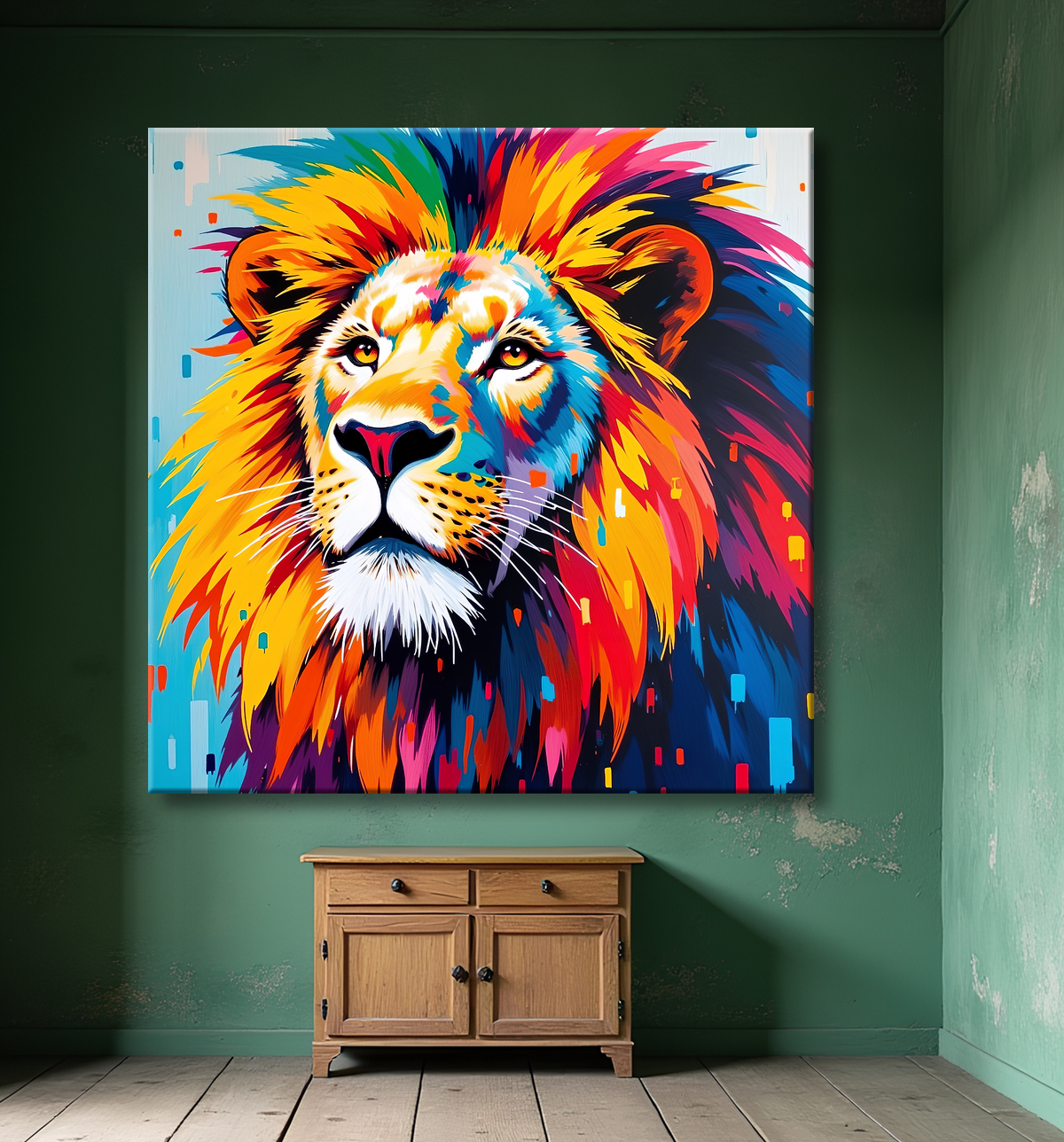 Tableau lion pop art - Design graphique et couleurs vives avec decor