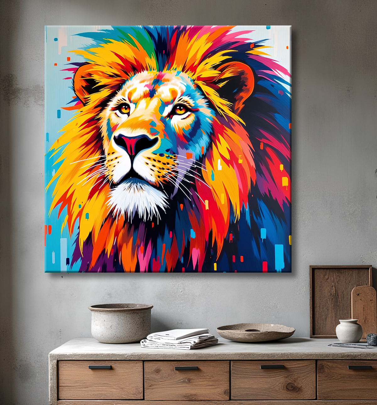 Tableau lion pop art - Design graphique et couleurs vives avec decor