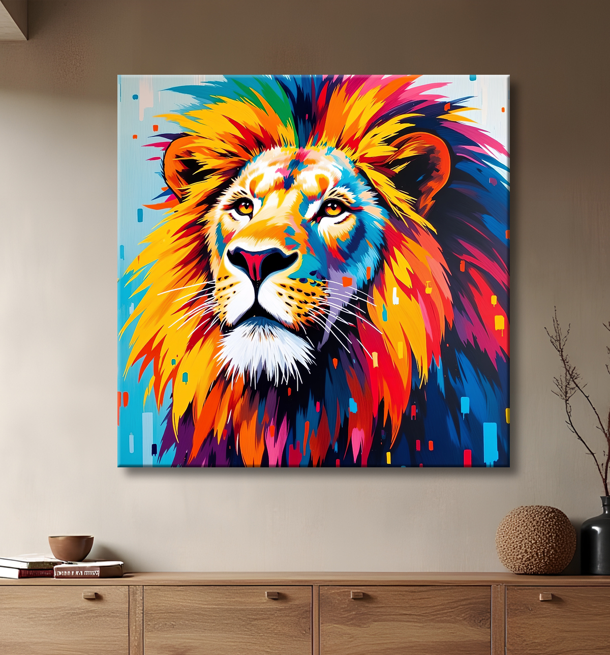 Tableau lion pop art - Design graphique et couleurs vives avec decor