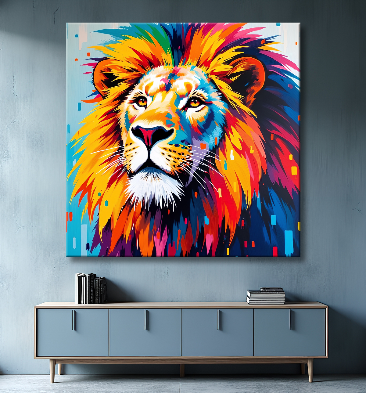 Tableau lion pop art - Design graphique et couleurs vives avec decor