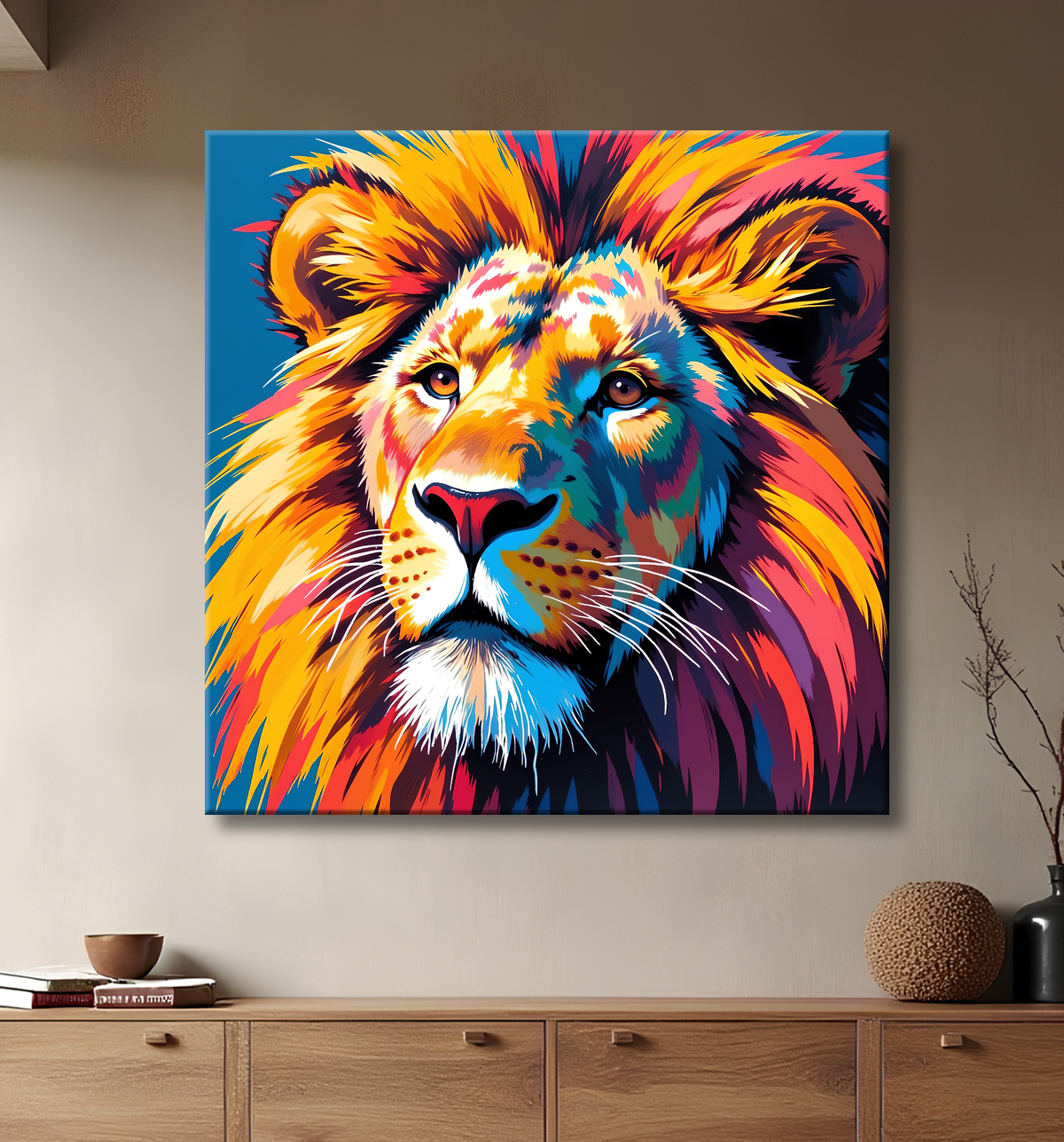 Tableau lion pop art - Design graphique et couleurs vives avec decor