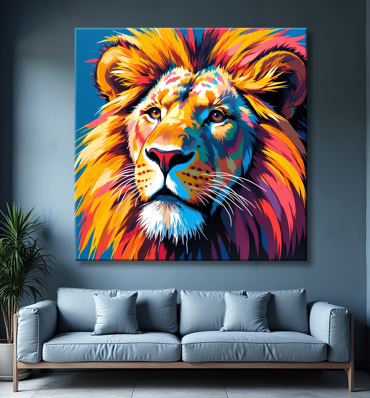 Tableau lion pop art - Design graphique et couleurs vives avec decor
