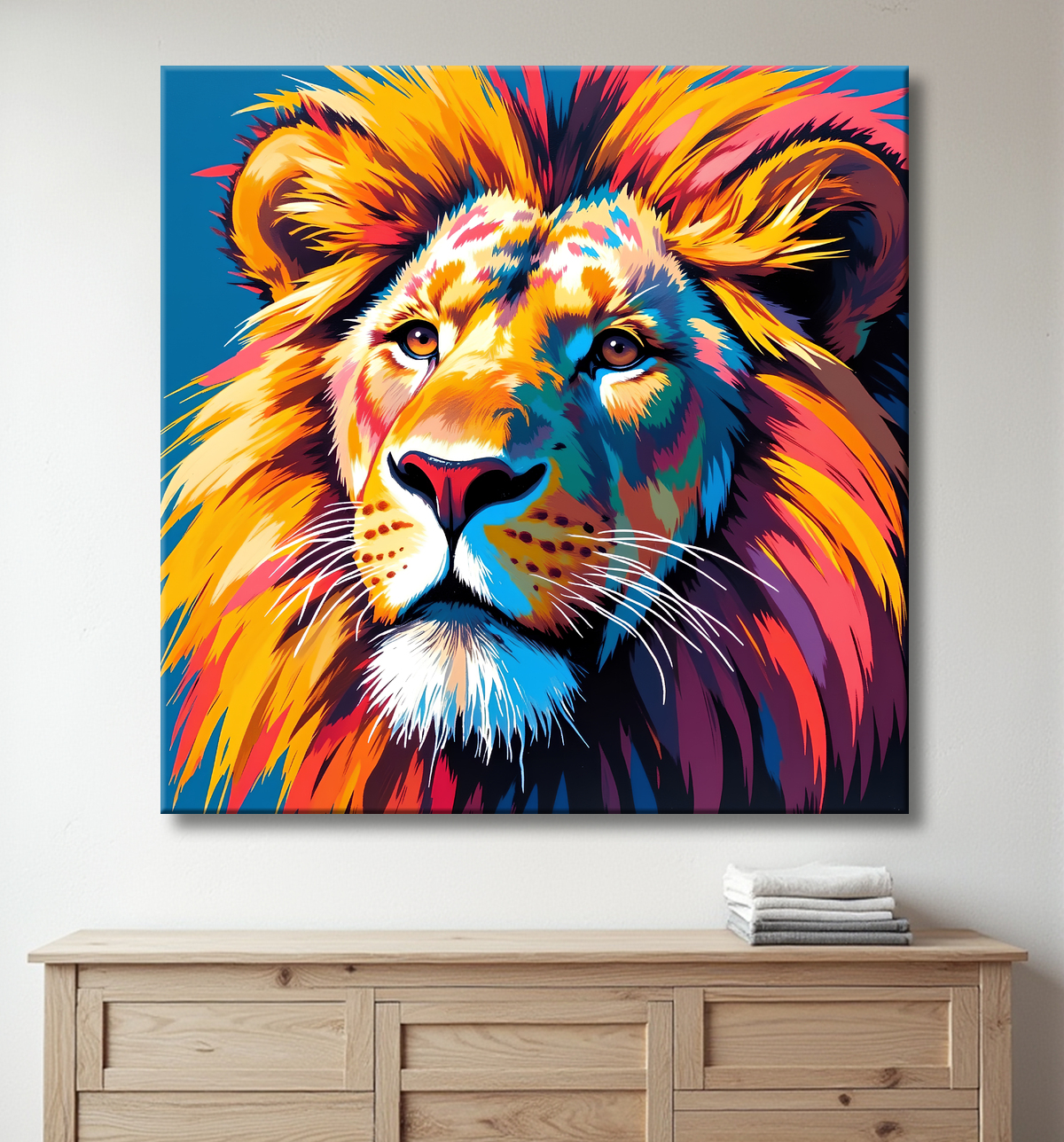 Tableau lion pop art - Design graphique et couleurs vives avec decor