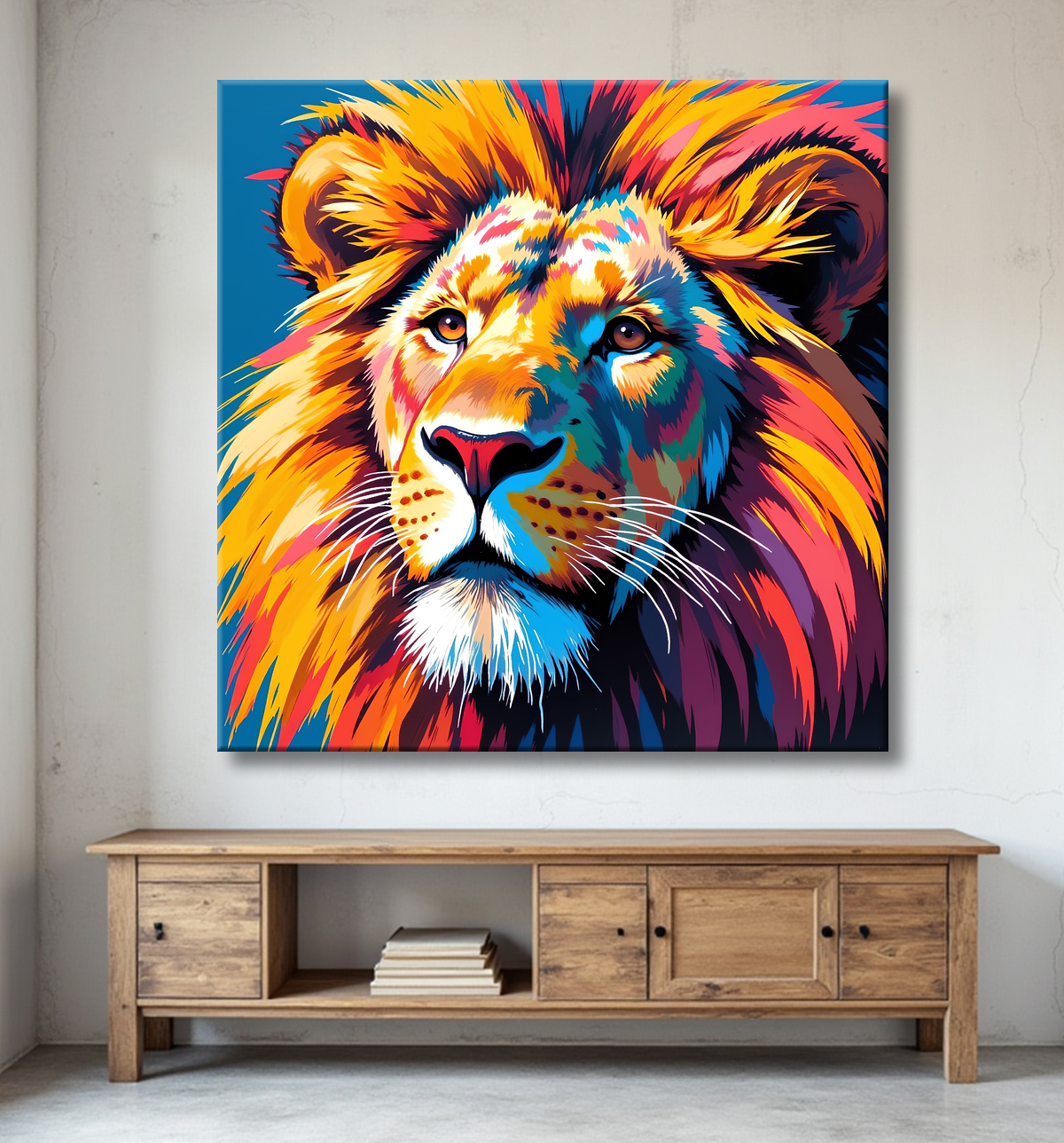 Tableau lion pop art - Design graphique et couleurs vives avec decor