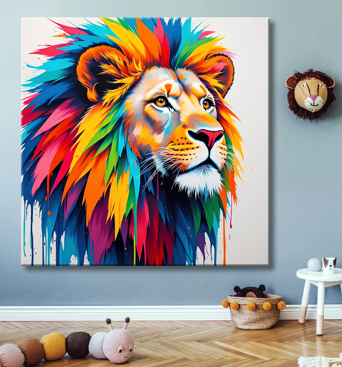 Tableau lion pop art - Design graphique et couleurs vives avec decor