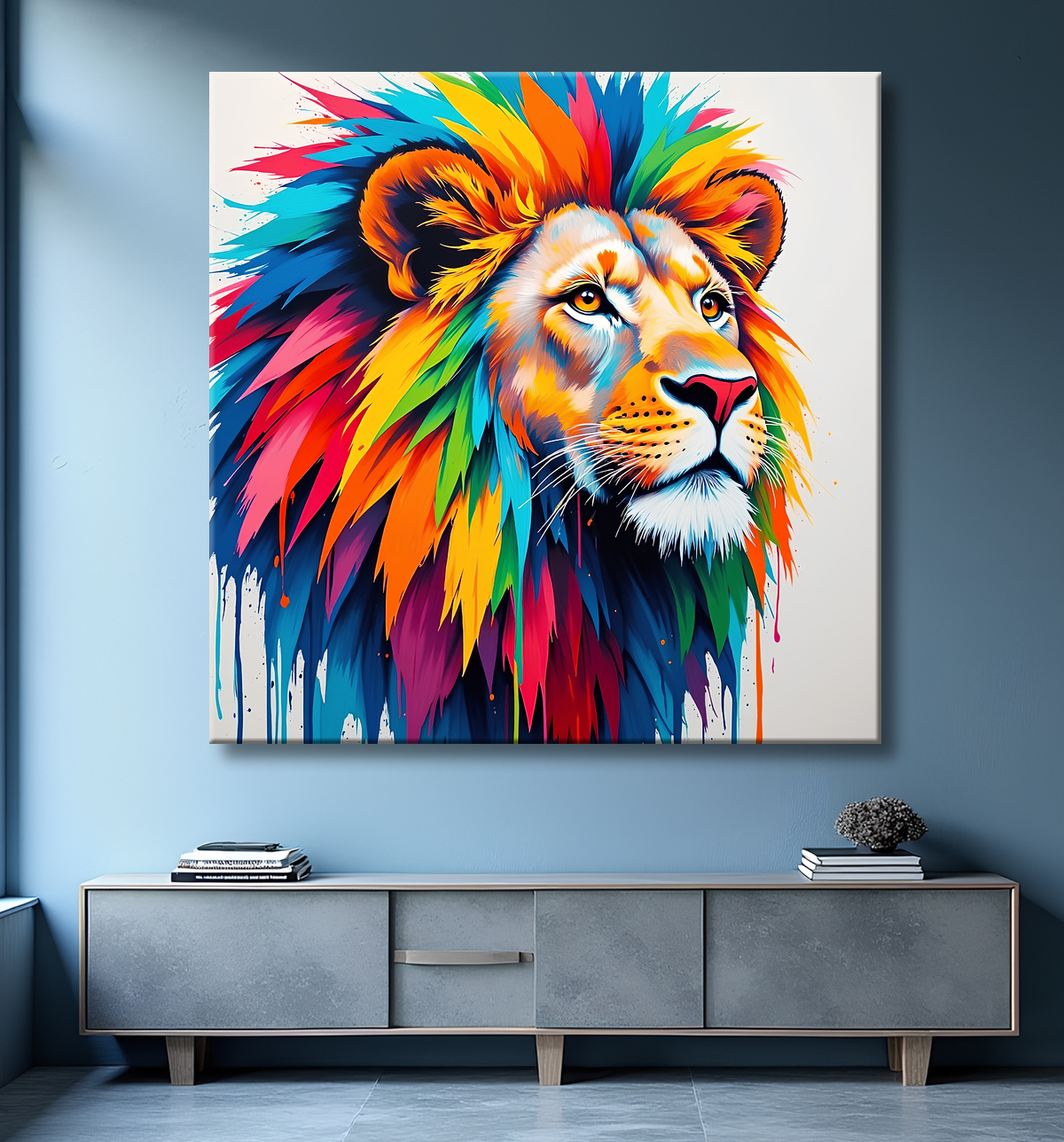 Tableau lion pop art - Design graphique et couleurs vives avec decor