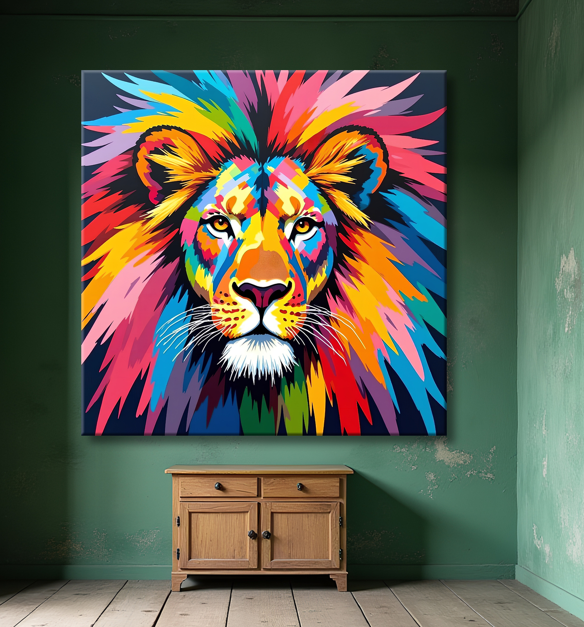 Tableau lion pop art - Design graphique et couleurs vives avec decor