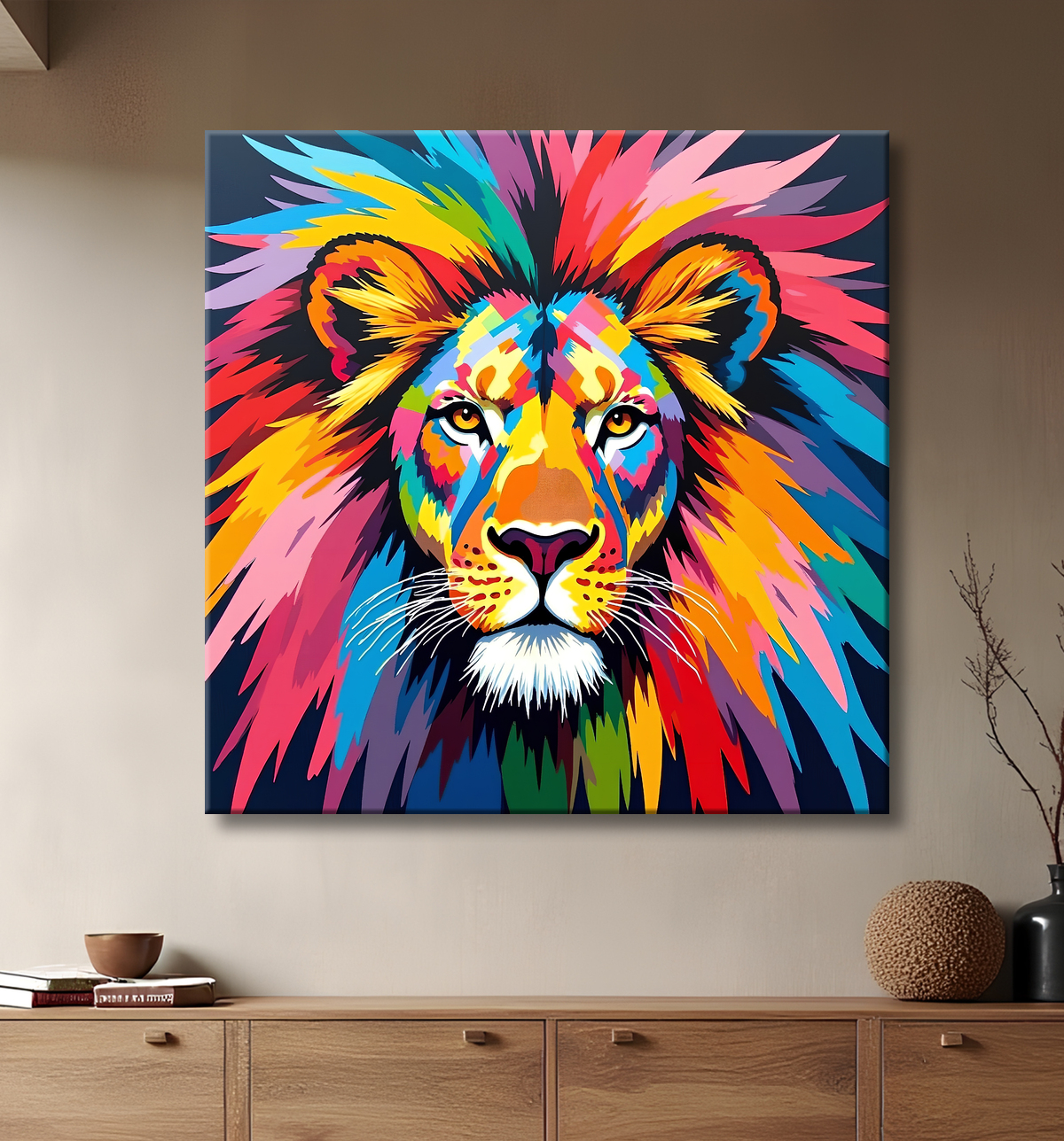 Tableau lion pop art - Design graphique et couleurs vives avec decor