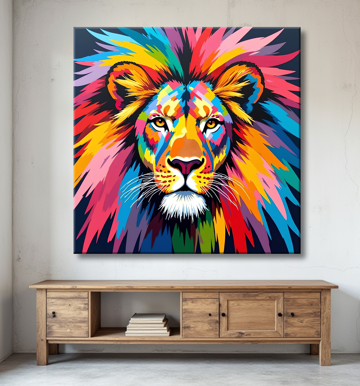 Tableau lion pop art - Design graphique et couleurs vives avec decor