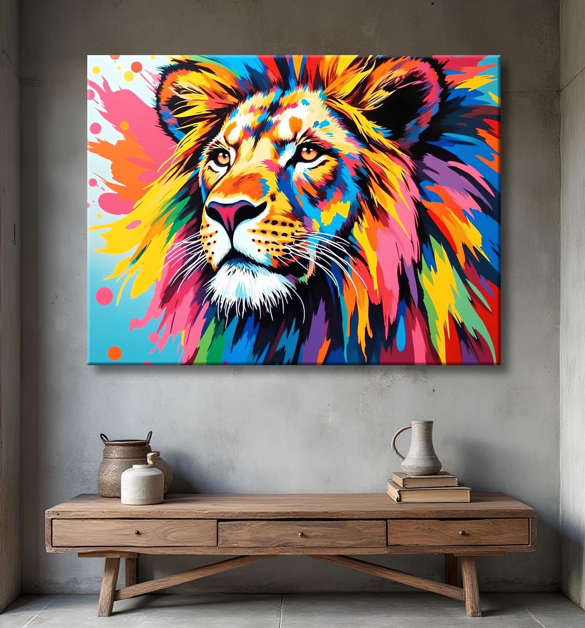 Tableau lion pop art - Design graphique et couleurs vives avec decor