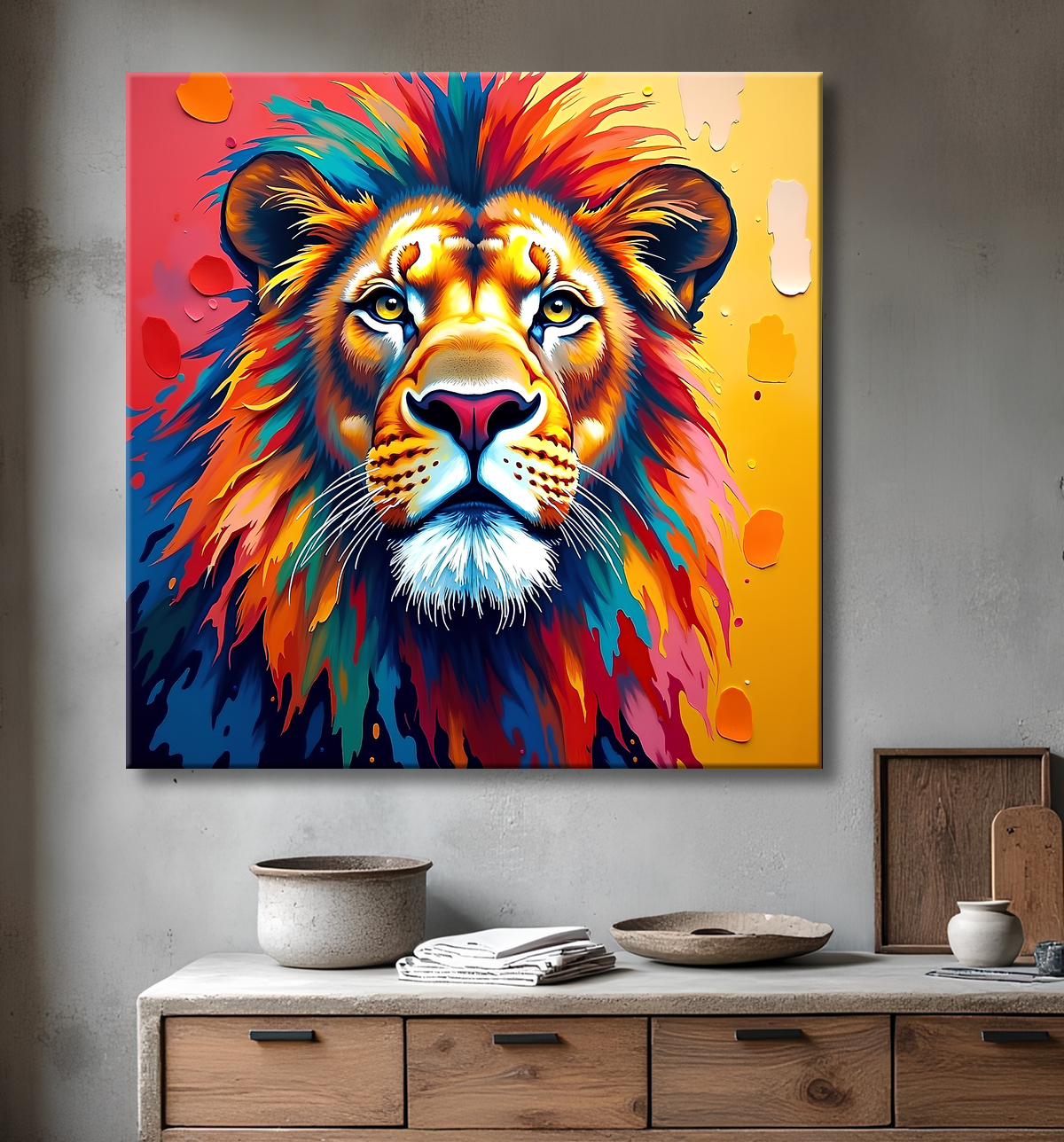 Tableau lion pop art - Design graphique et couleurs vives avec decor