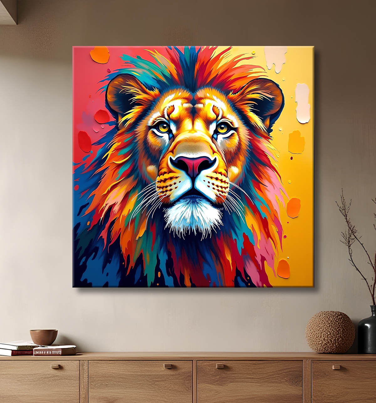 Tableau lion pop art - Design graphique et couleurs vives avec decor