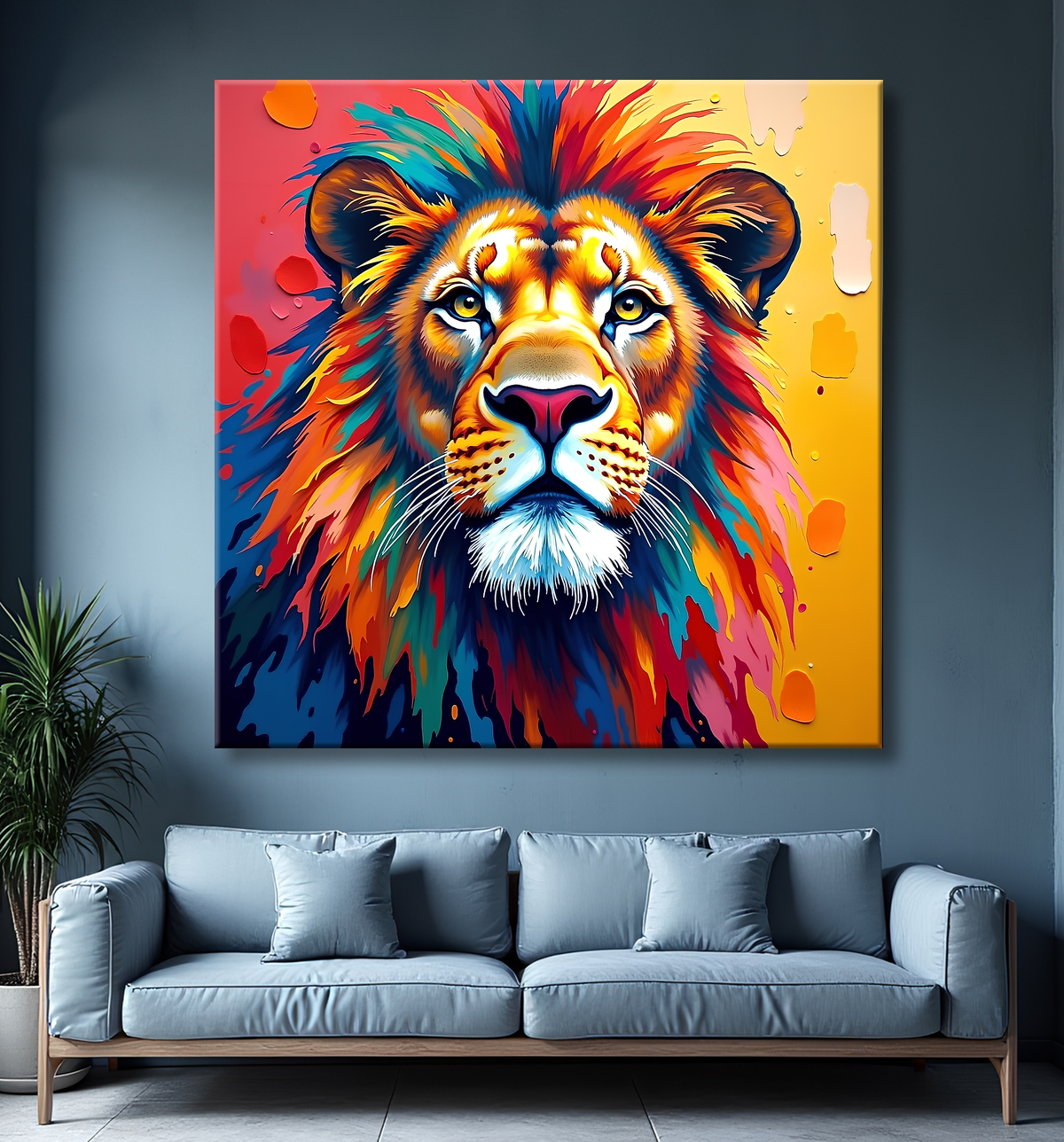 Tableau lion pop art - Design graphique et couleurs vives avec decor