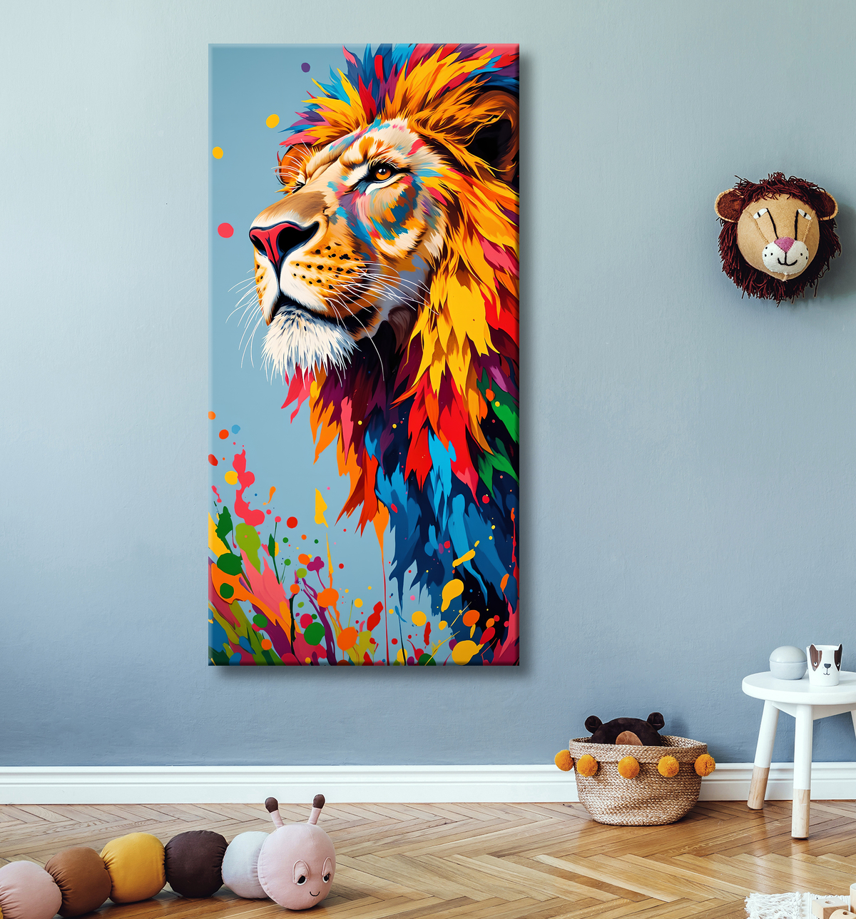 Tableau lion pop art - Crinière arc-en-ciel sur fond bleu-gris avec decor