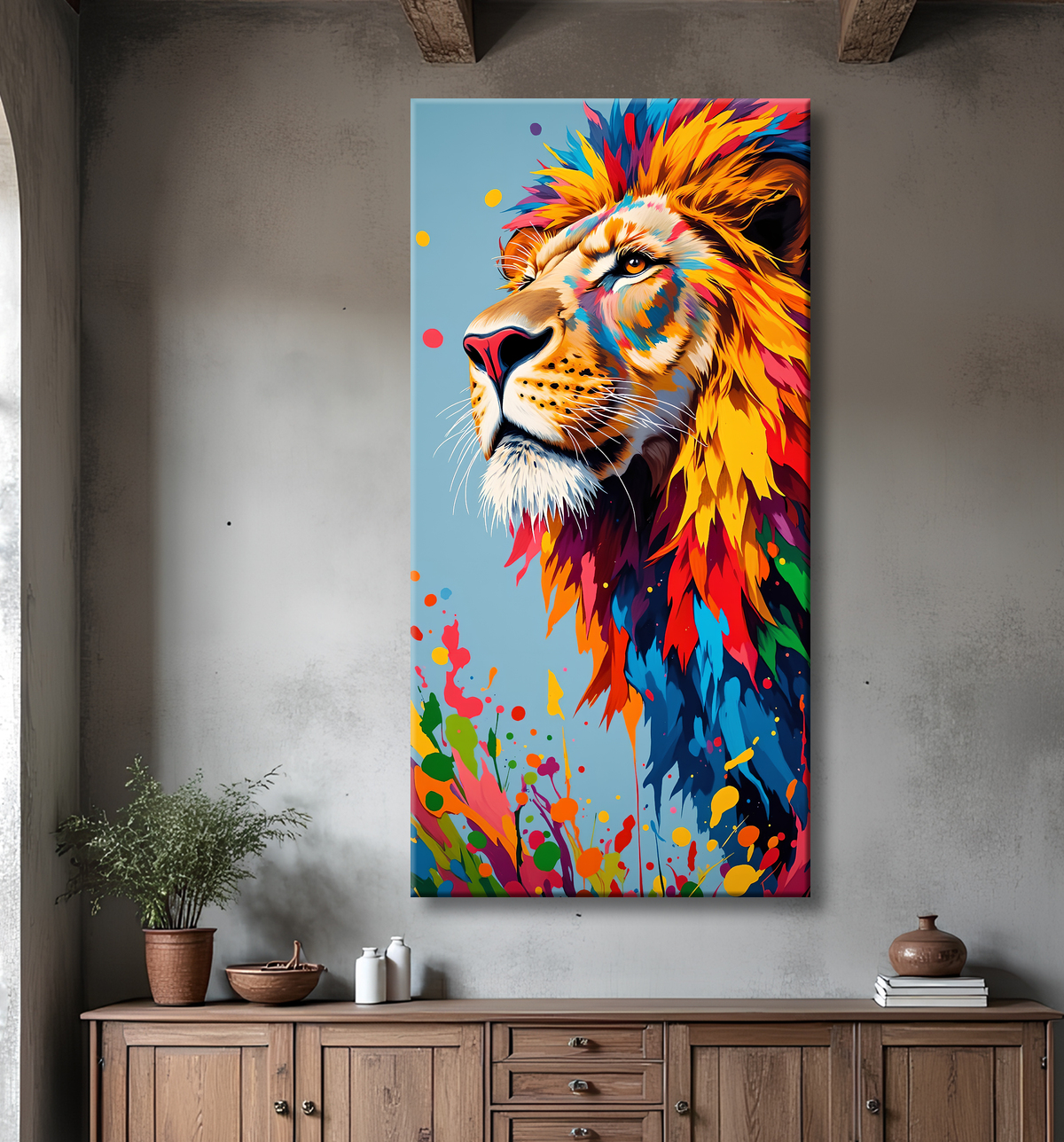 Tableau lion pop art - Crinière arc-en-ciel sur fond bleu-gris avec decor