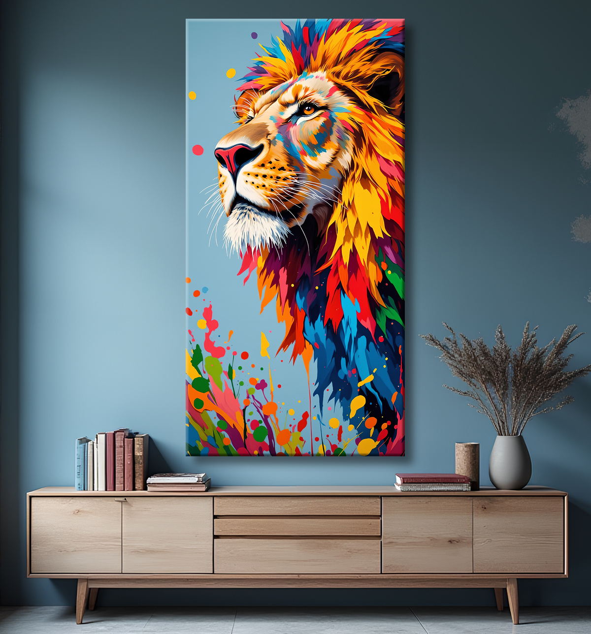 Tableau lion pop art - Crinière arc-en-ciel sur fond bleu-gris avec decor