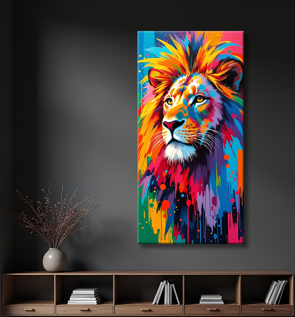 Tableau lion pop art - Crinière arc-en-ciel sur fond bleu-gris avec decor