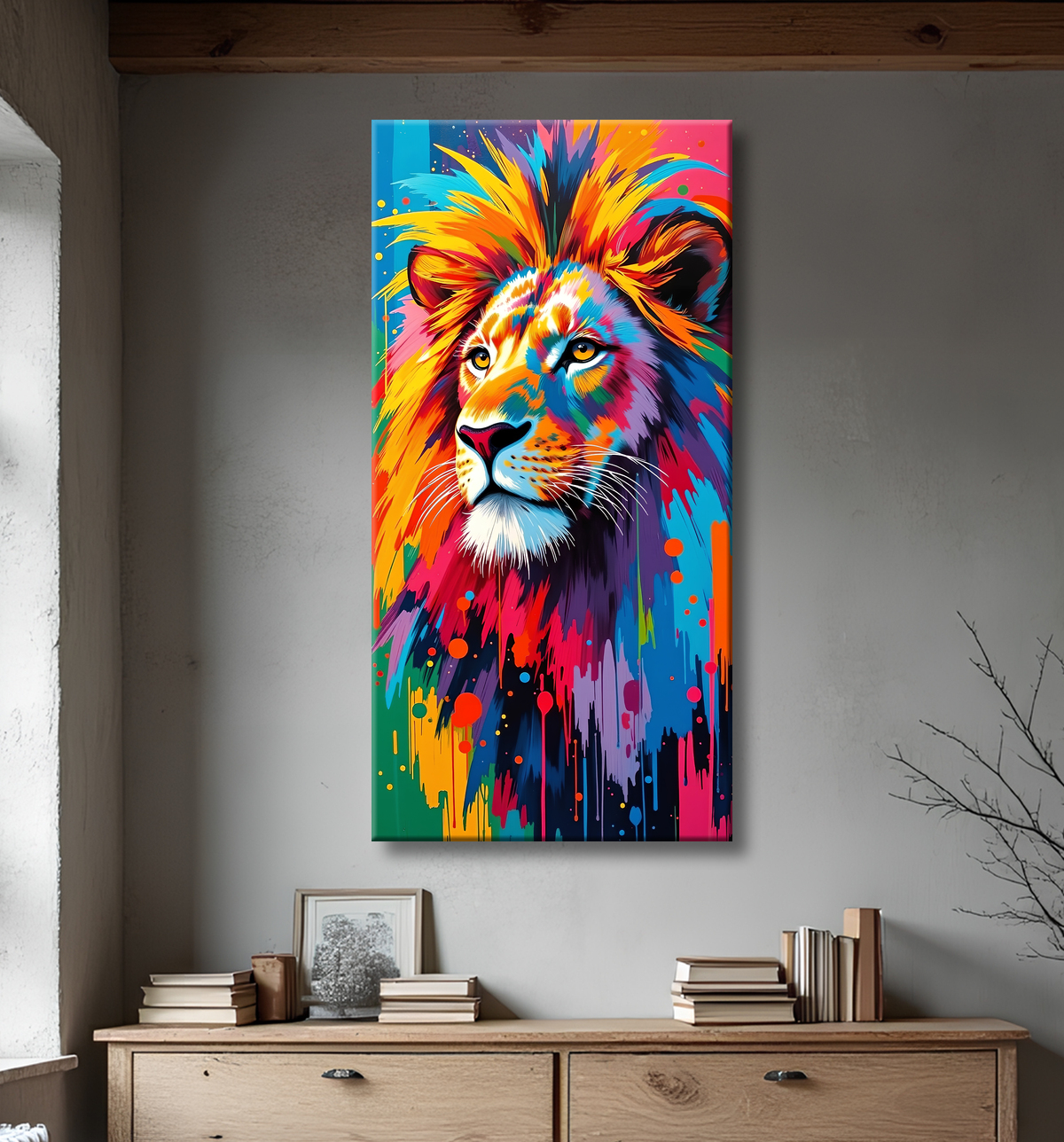 Tableau lion pop art - Crinière arc-en-ciel sur fond bleu-gris avec decor