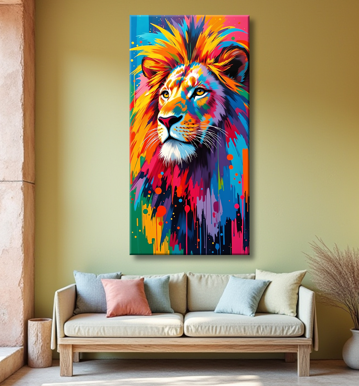 Tableau lion pop art - Crinière arc-en-ciel sur fond bleu-gris avec decor