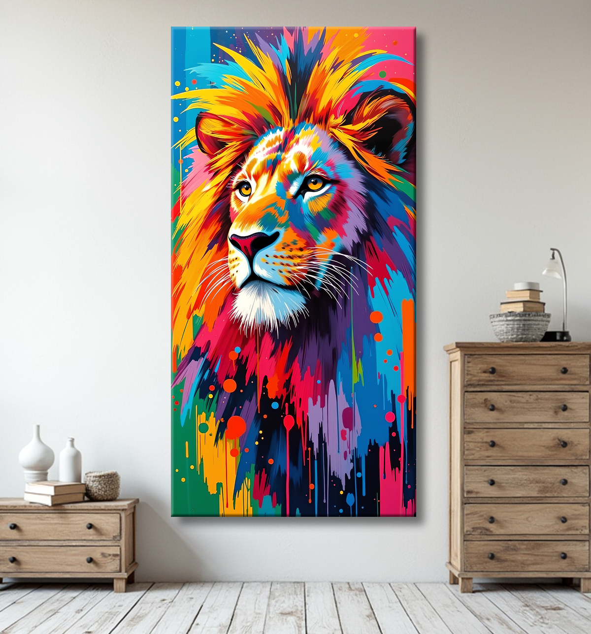 Tableau lion pop art - Crinière arc-en-ciel sur fond bleu-gris avec decor