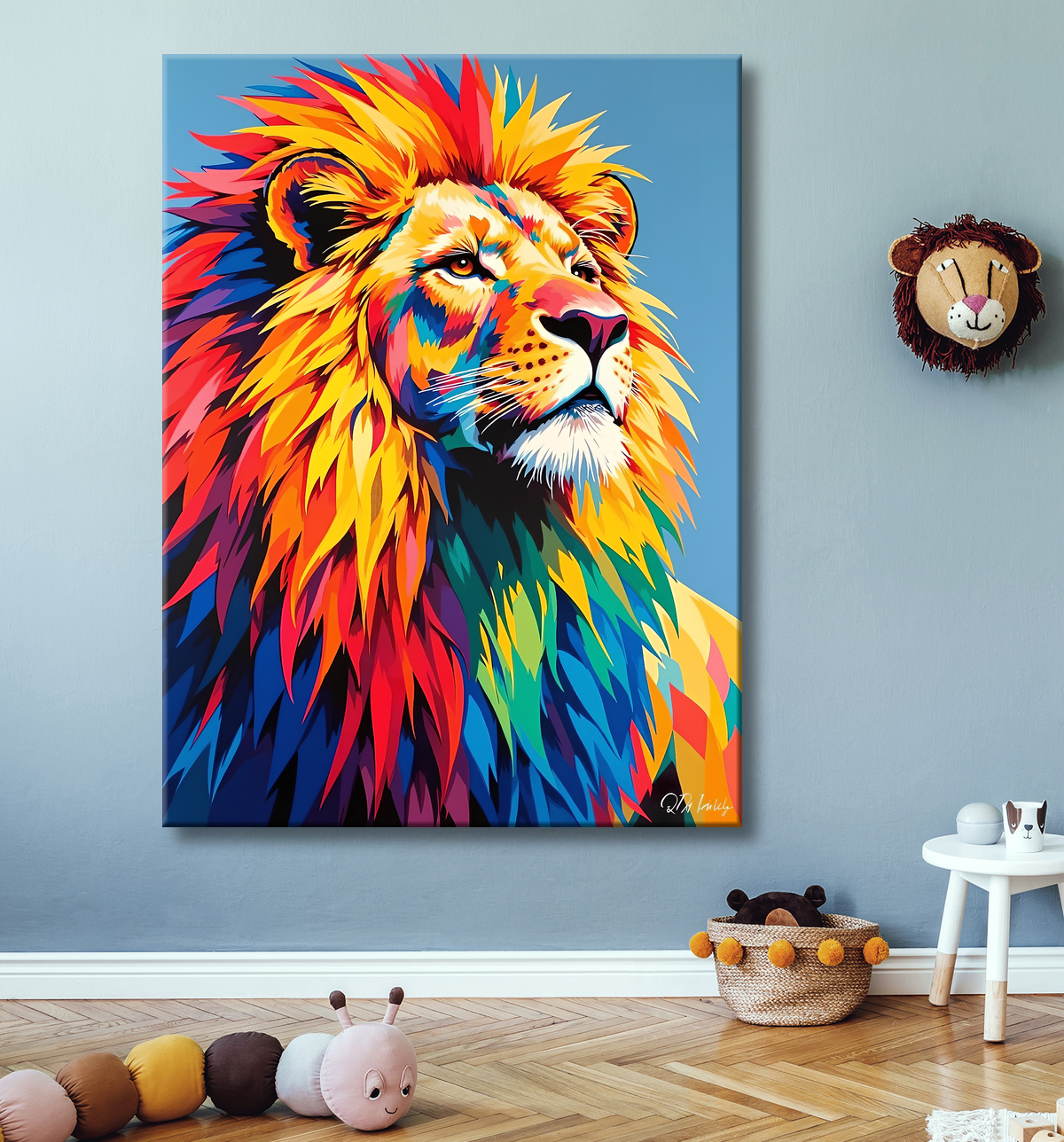 Tableau lion pop art - Crinière arc-en-ciel sur fond bleu-gris avec decor