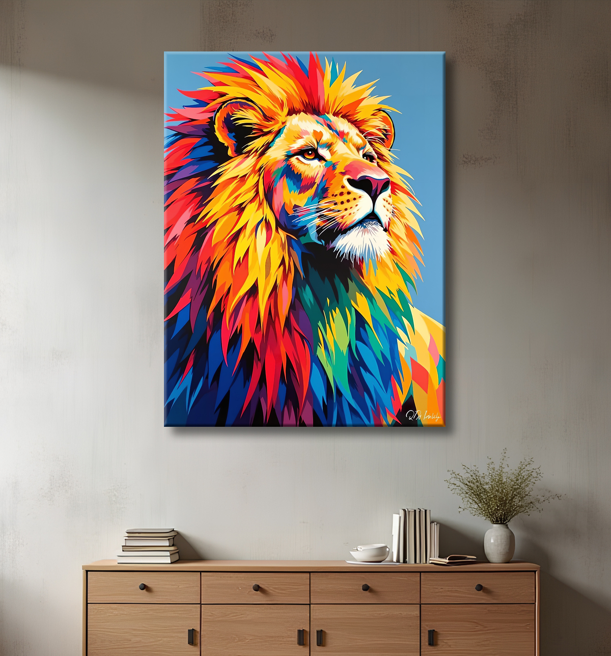 Tableau lion pop art - Crinière arc-en-ciel sur fond bleu-gris avec decor