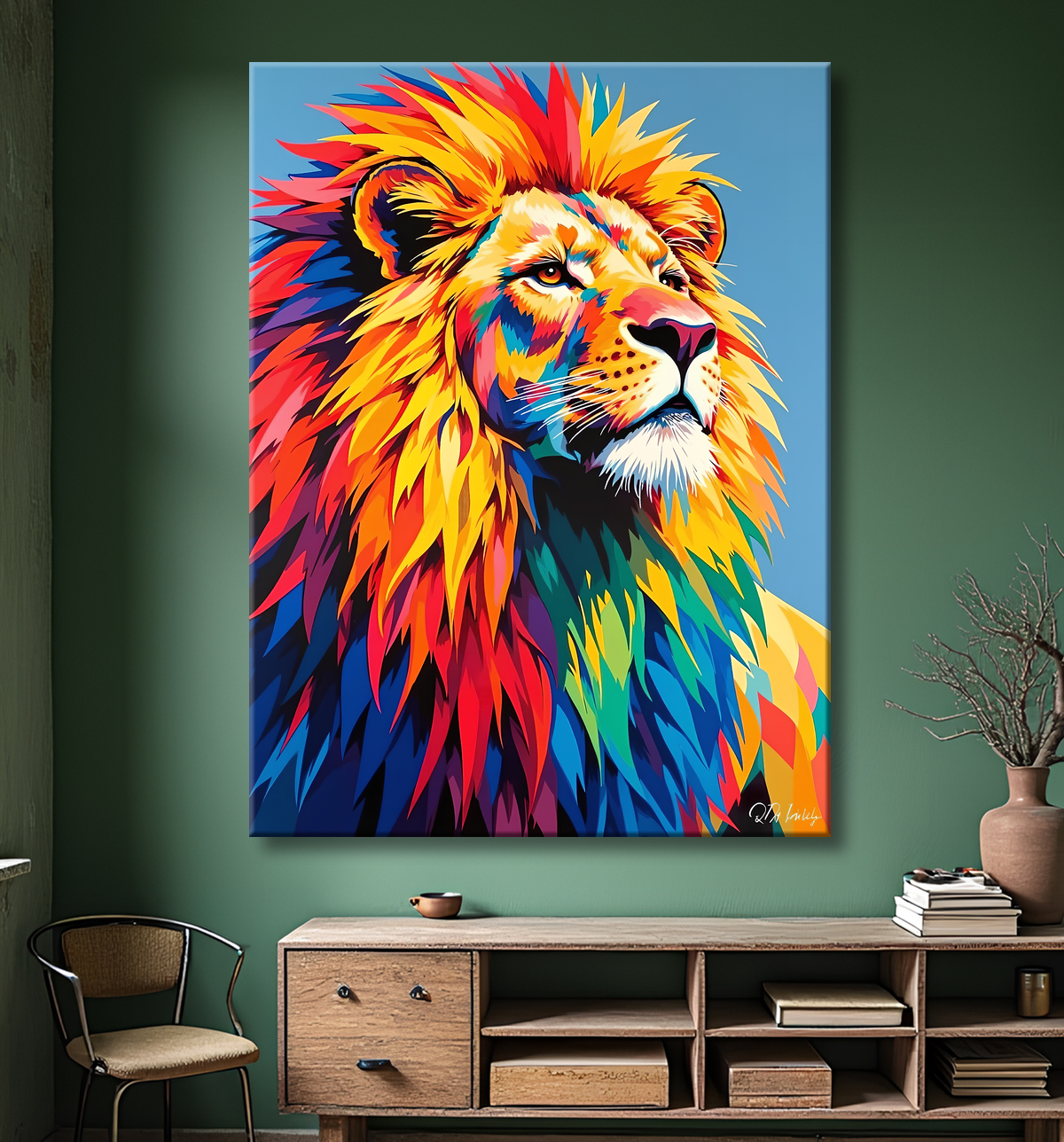 Tableau lion pop art - Crinière arc-en-ciel sur fond bleu-gris avec decor