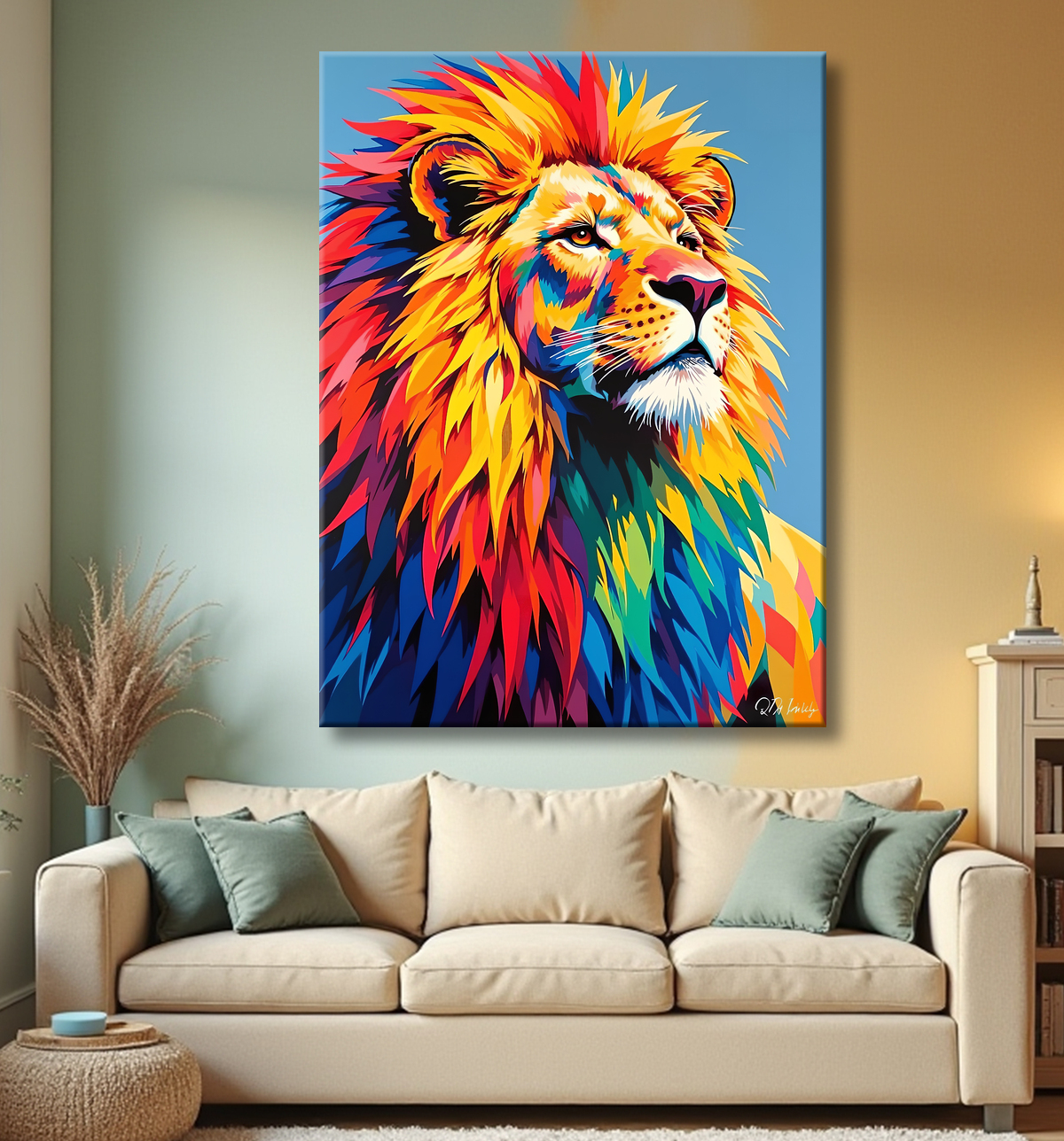 Tableau lion pop art - Crinière arc-en-ciel sur fond bleu-gris avec decor