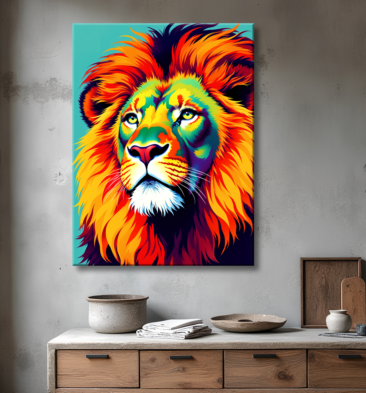 Tableau lion pop art fond gris turquoise - Portrait graphique contemporain avec decor