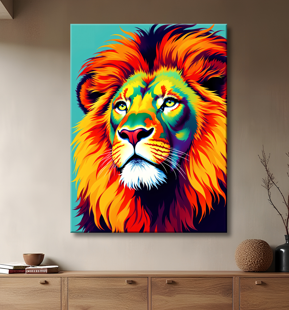 Tableau lion pop art fond gris turquoise - Portrait graphique contemporain avec decor