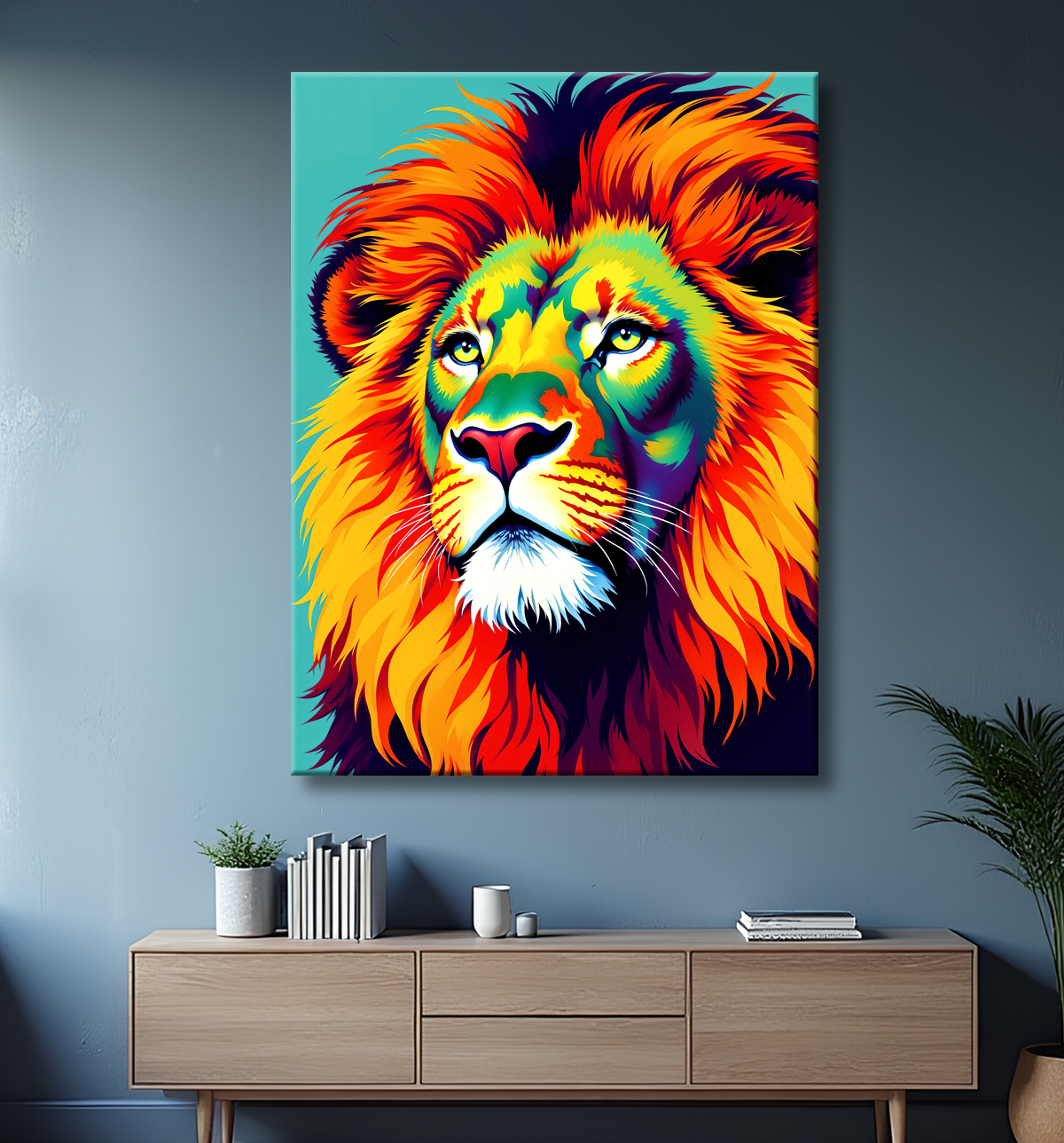 Tableau lion pop art fond gris turquoise - Portrait graphique contemporain avec decor